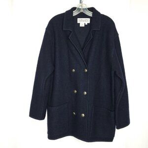 Womens Boiled Wool Coat L Navy Blue Double Breasted Overcoat Car Military Jacket